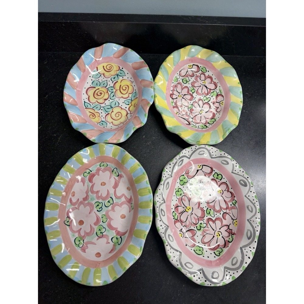 Set of 4 Steve & Laurie Turner Majolica Pottery 11" Fluted Ruffled Serving Bowls
